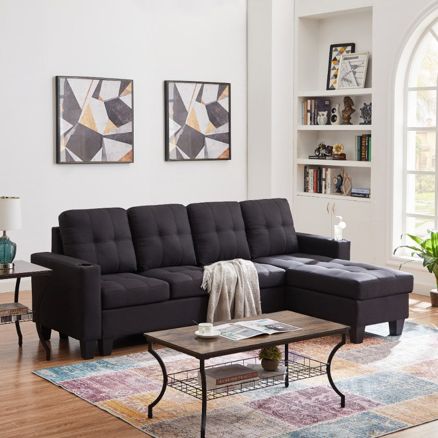Coral Sectional Sofa in Fabric Upholstery With Reversible Chaise & Cup Holders - Black