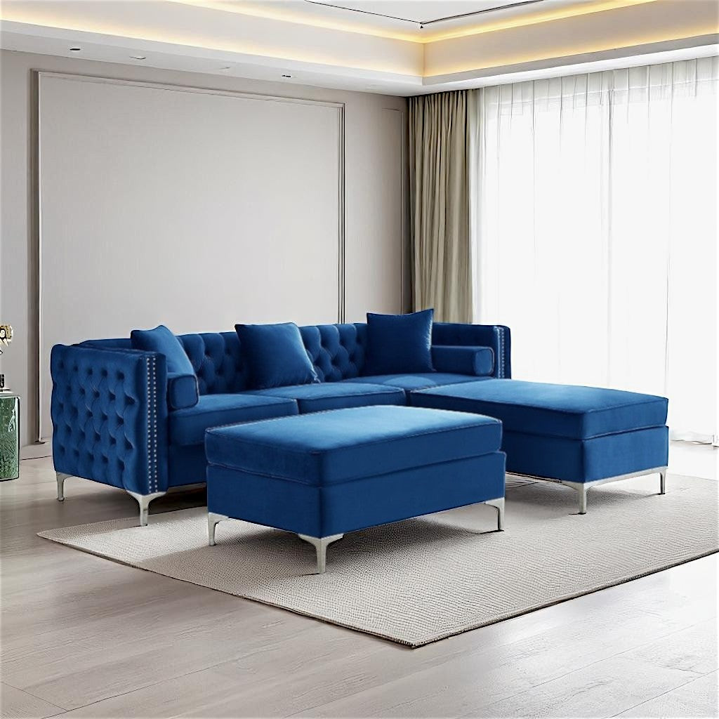 Cove Reversible Sectional Sofa In Velvet Upholstery -  Blue | Elegant, Resilient & Comfortable