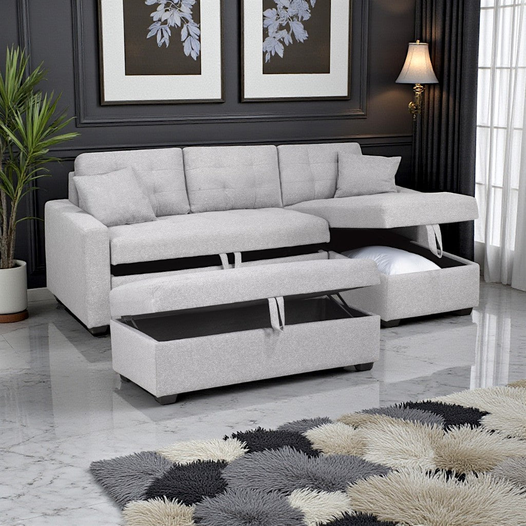 Noelle Fabric Upholstered Sectional Sofa With Oversized Ottoman - Light Grey | Timeless, Sleek, Comfortable, Durable, Reversible & Smart Storage