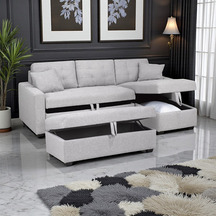 Noelle Fabric Upholstered Sectional Sofa With Oversized Ottoman - Light Grey | Timeless, Sleek, Comfortable, Durable, Reversible & Smart Storage