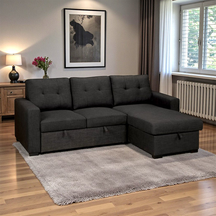 Axis Fabric Upholstered Sectional Sofa Bed - Black | Stylish, Simplistic, Durable, Reversible & Storage Solution
