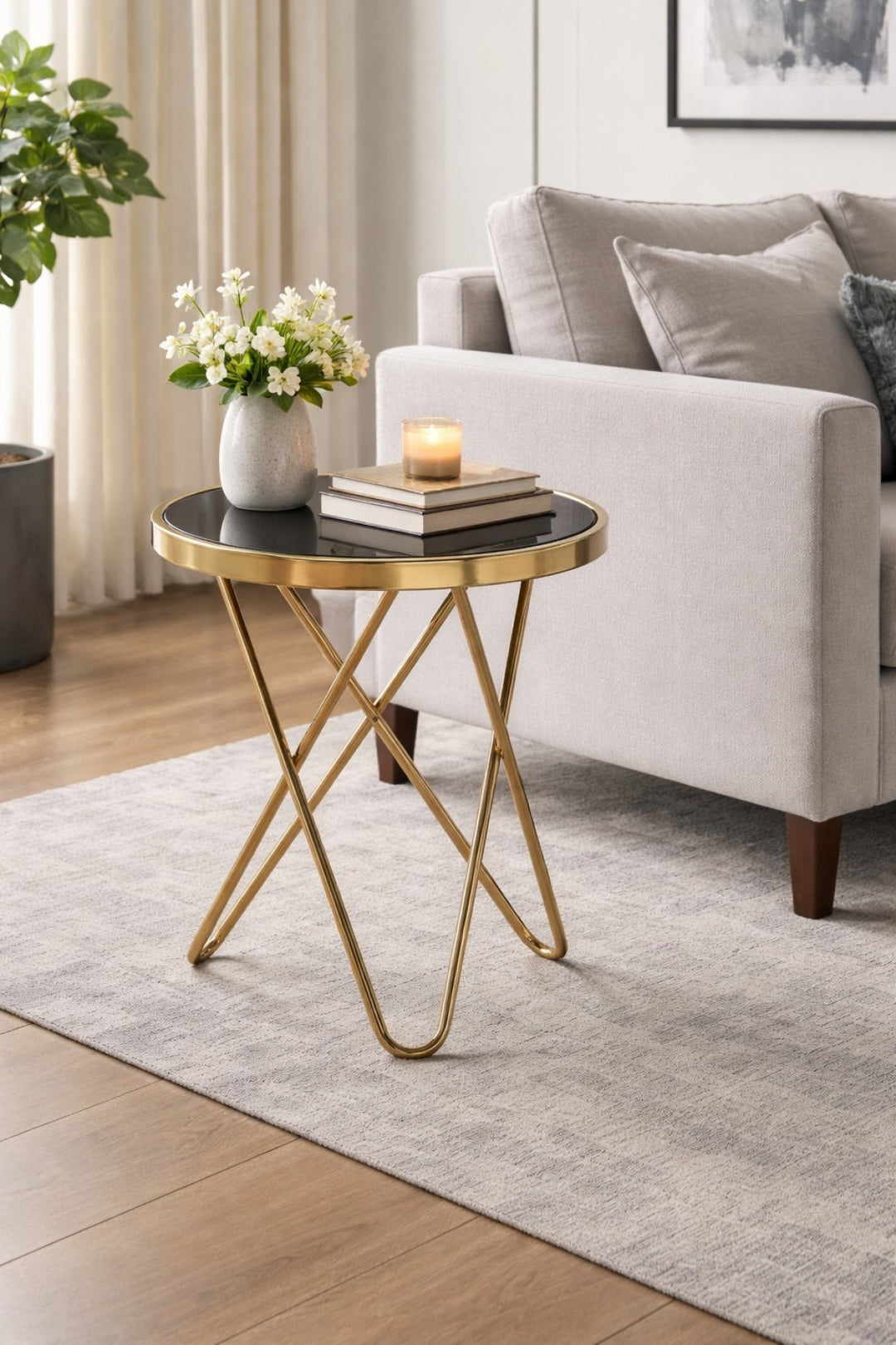 Fade Rose Gold Accent Table with Tempered Glass Top - Black/ Gold