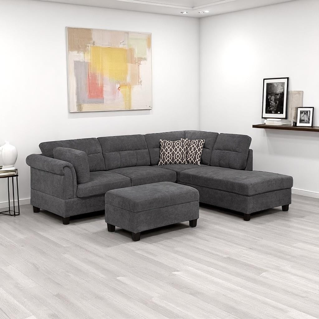 Lavish Fabric Upholstered Sectional Sofa With RHF Chaise - Grey | Timeless, Sleek & Comfortable