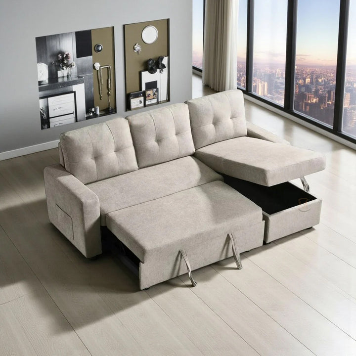 Skyglow Sectional Sofa Bed With Reversible Storage Chaise - Beige | Timeless, Stylish, Durable & Comfortable