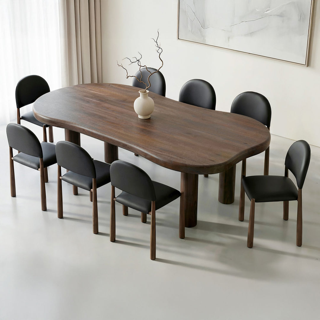 Ardenoak 9-Piece Freeform Mango Wood Dining Table Set with Dark Walnut Finish And Matte Black Faux Leather Chairs