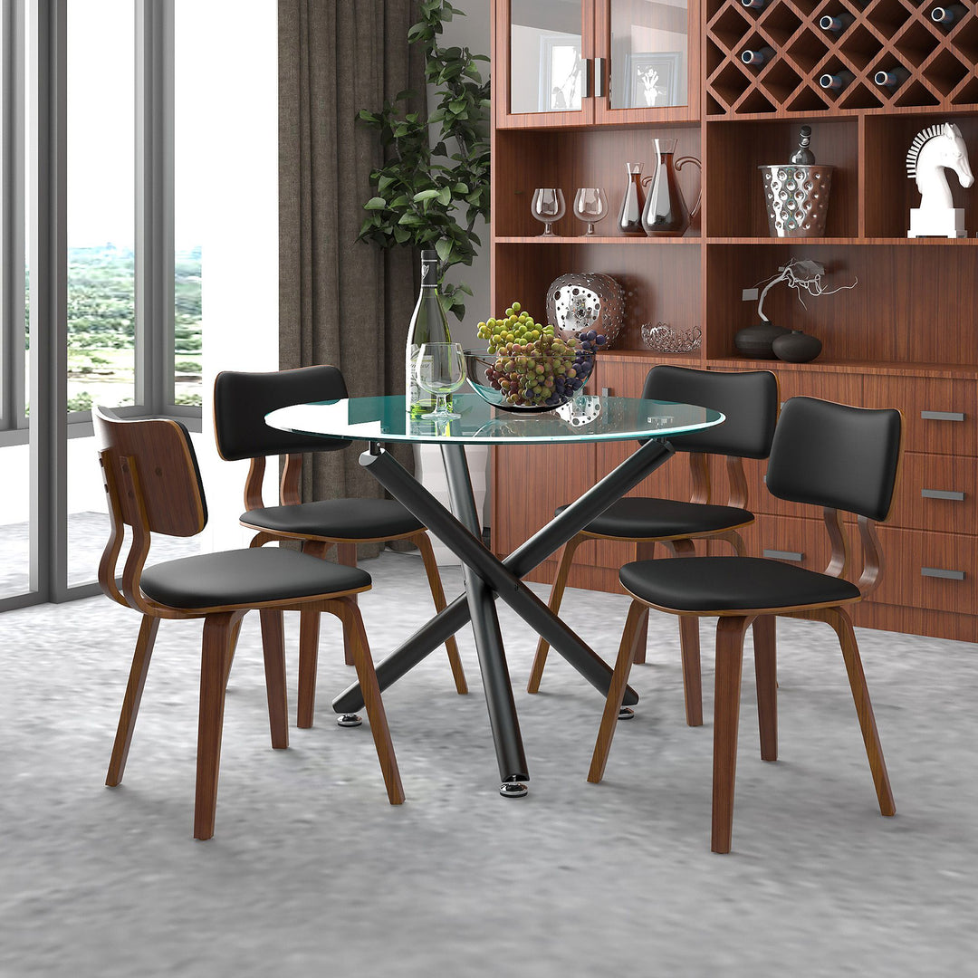 Opal Dining Table Set For 4 With Leather Upholstered Chairs - Walnut/ Black | Mid-Century Modern, Sturdy & Comfortable