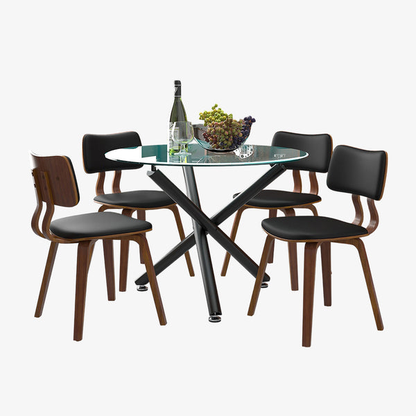 Opal Dining Table Set For 4 With Leather Upholstered Chairs - Walnut/ Black | Mid-Century Modern, Sturdy & Comfortable
