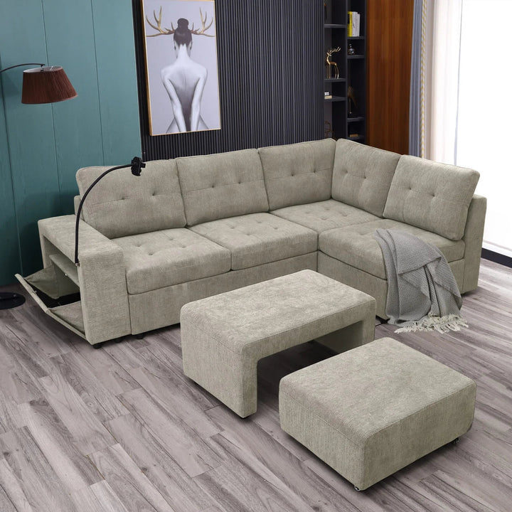 Ethra Fabric Upholstered Sectional Sofa With Ottoman & Nesting Bench - Beige | Modern, Durable & Comfortable