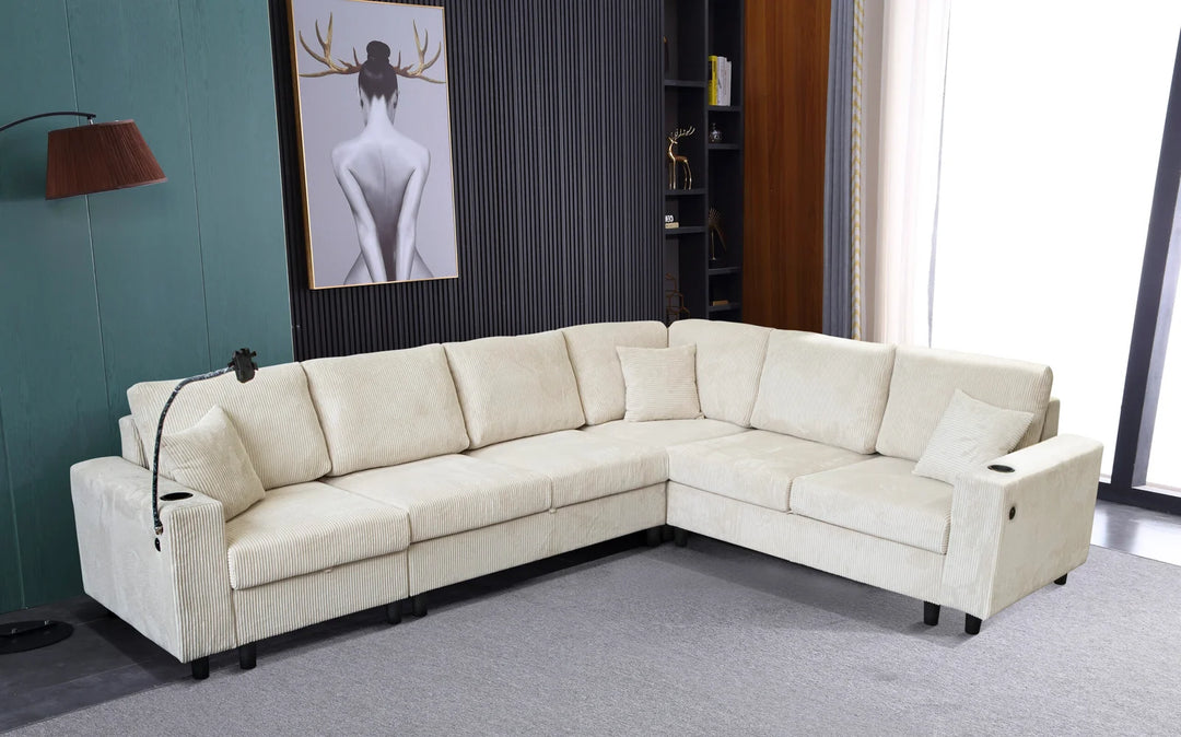 Prime 4-Piece Fabric Sectional Sofa with Cell Phone Holder & USB Charging Ports - Beige