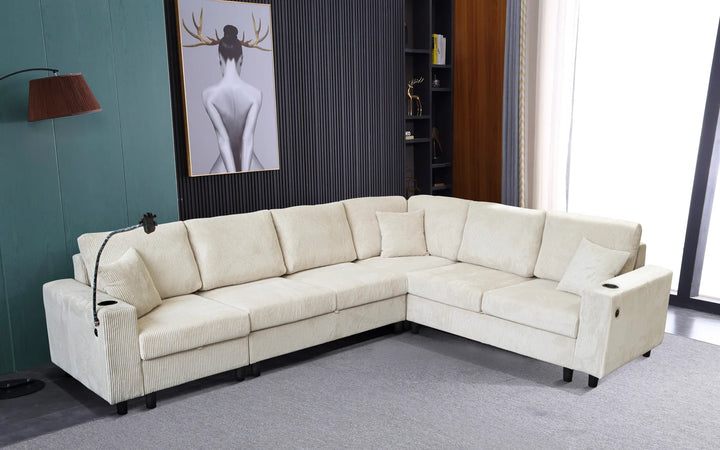 Prime 4-Piece Fabric Sectional Sofa with Cell Phone Holder & USB Charging Ports - Beige