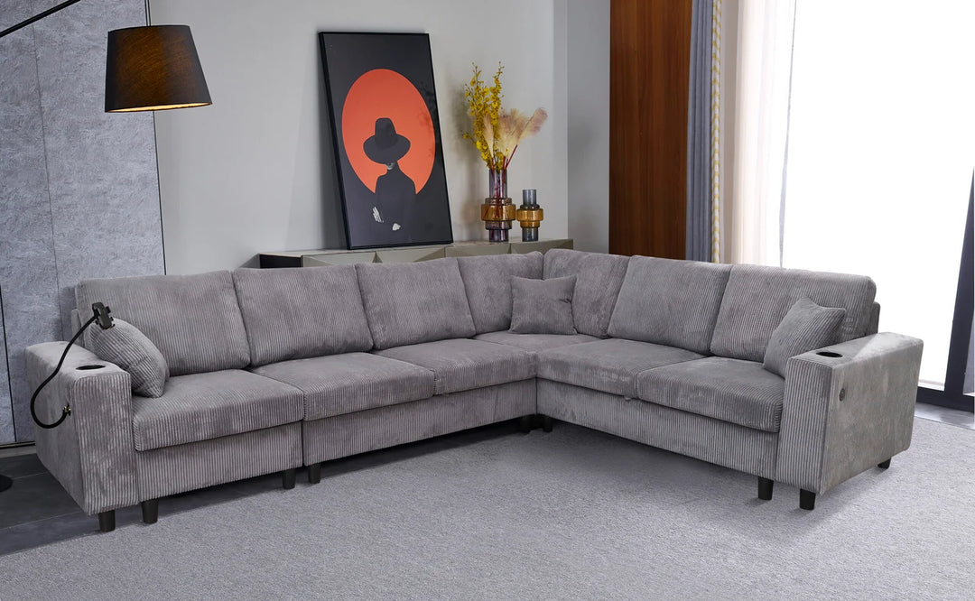 Prime 4-Piece Fabric Sectional Sofa with Cell Phone Holder & USB Charging Ports - Grey