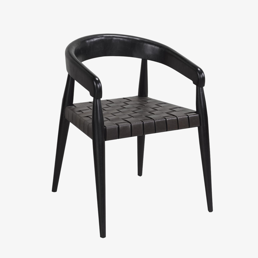 Rowan Wooden Dining Chair - Black | Rustic Style, Mid-Century Modern, Durable & Woven Leather Seating