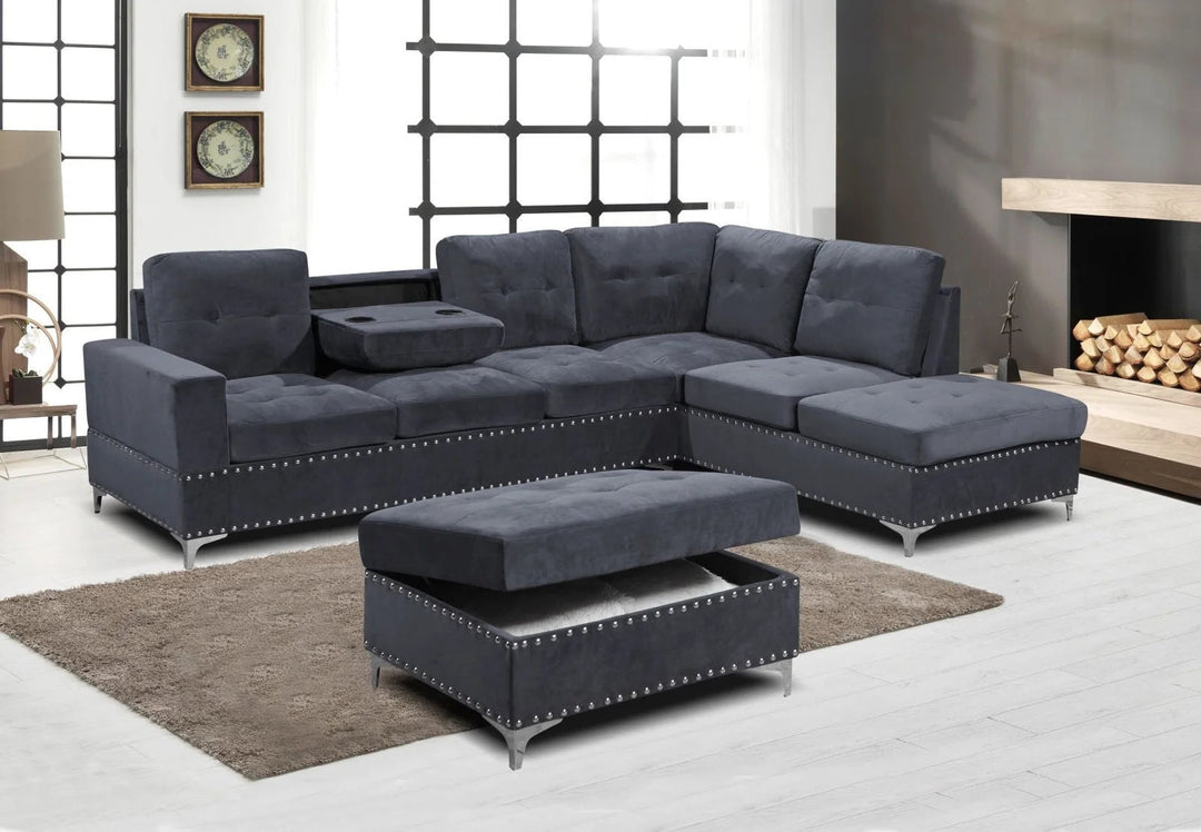Icon Fabric Upholstered Sectional Sofa With Storage Ottoman - Grey | Stylish, Sturdy, Comfortable & Affordable