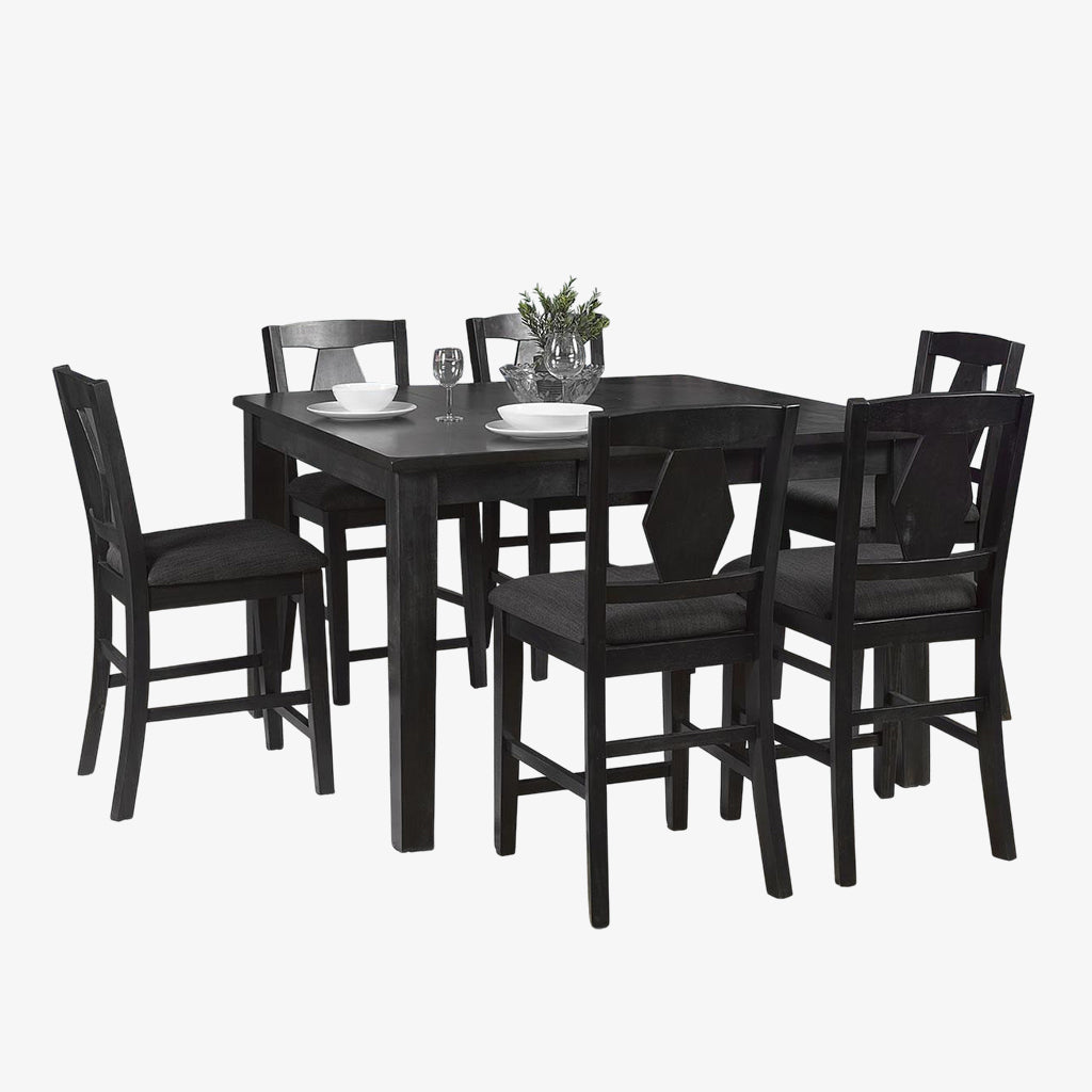Nova Wooden Dining Table Set For 6 With Fabric Upholstered Chairs - Dark Grey | Mid-Century Modern, Pub-Height, Durable, Extendable & Comfortable