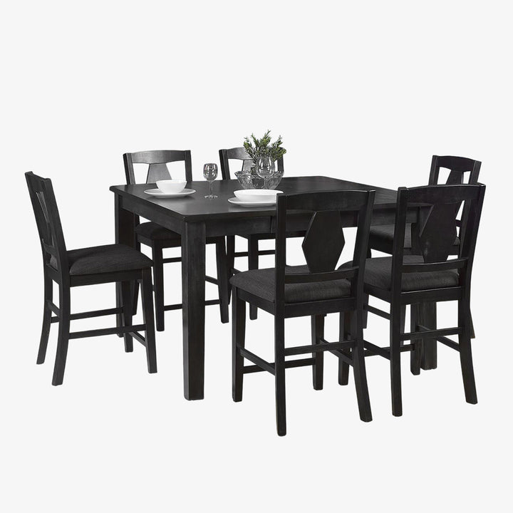 Nova Wooden Dining Table Set For 6 With Fabric Upholstered Chairs - Dark Grey | Mid-Century Modern, Pub-Height, Durable, Extendable & Comfortable