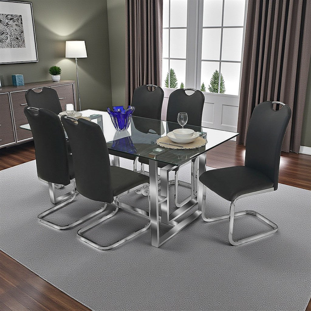 Noir Dining Table Set For 6 With PU Upholstered Chairs - Black/ Chrome | Stylish, Durable & Comfortable