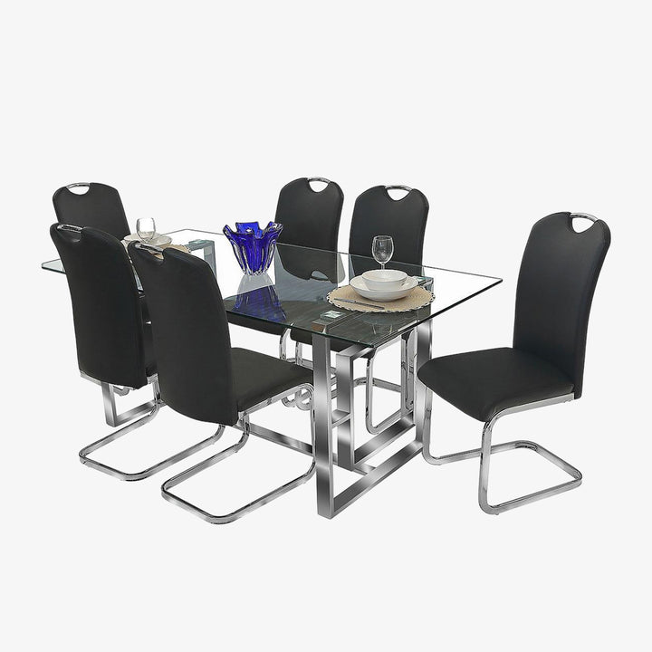Noir Dining Table Set For 6 With PU Upholstered Chairs - Black/ Chrome | Stylish, Durable & Comfortable