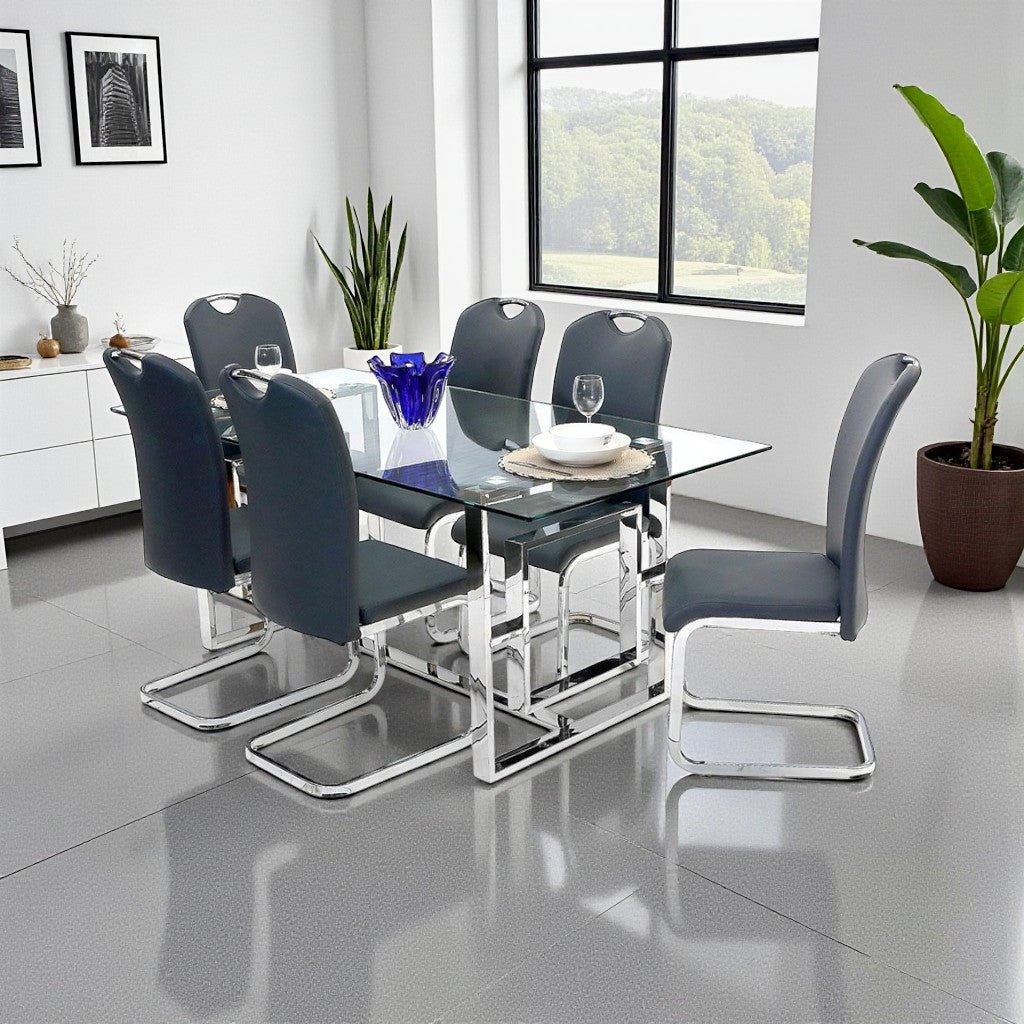 Noir Dining Table Set For 6 With PU Upholstered Chairs - Grey/ Chrome | Stylish, Durable & Comfortable