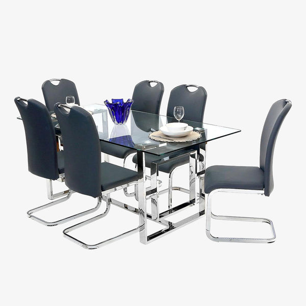 Noir Dining Table Set For 6 With PU Upholstered Chairs - Grey/ Chrome | Stylish, Durable & Comfortable