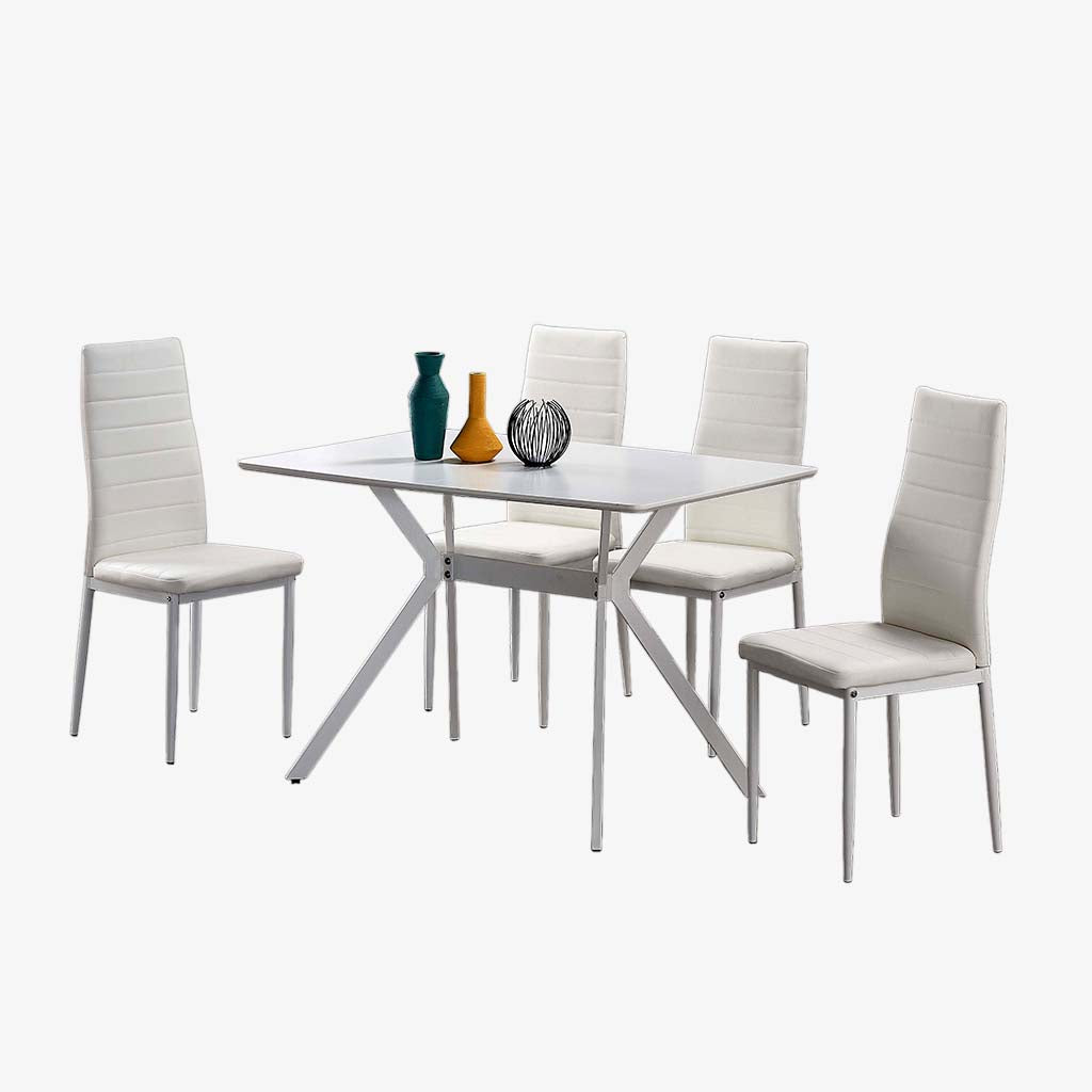 Meadow Metallic Dining Table Set For 4 With PU Upholstered Chairs - White | Stylish, Sturdy, Comfortable & Affordable