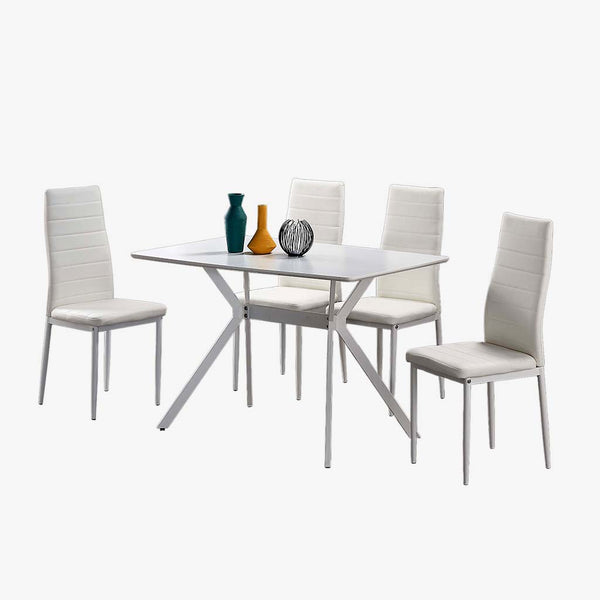Meadow Metallic Dining Table Set For 4 With PU Upholstered Chairs - White | Stylish, Sturdy, Comfortable & Affordable