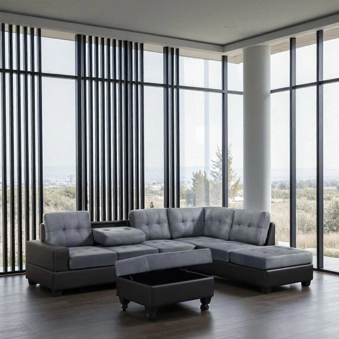 Moonwave Fabric/ Leather Upholstered Sectional Sofa With Reversible Chaise - Grey/ Black | Modern, Comfortable & Built to Last