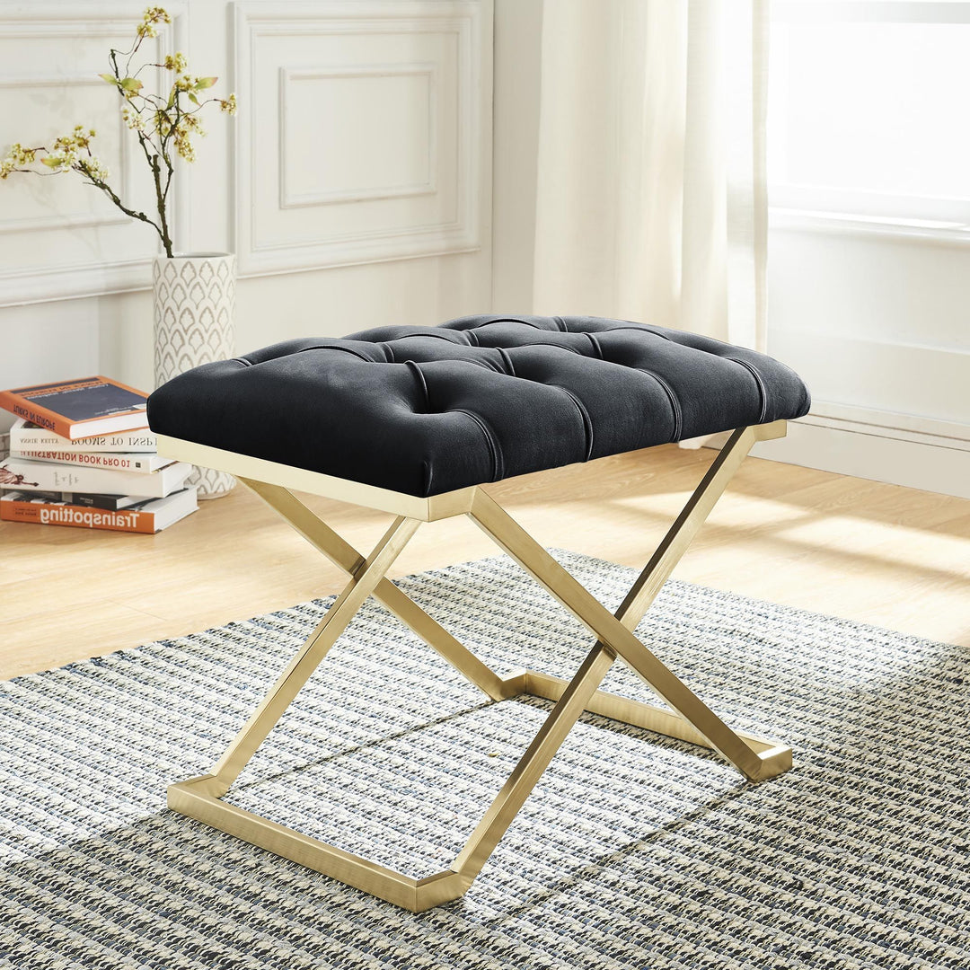 Juan Fabric Upholstered Accent Bench With Metal Base - Black/ Gold | Timless, Comfortable & Built to Last