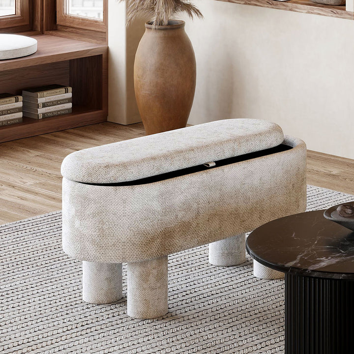 Reverie Fabric Upholstered Storage Ottoman Bench - Beige | Modern, Durable & Storage Solution
