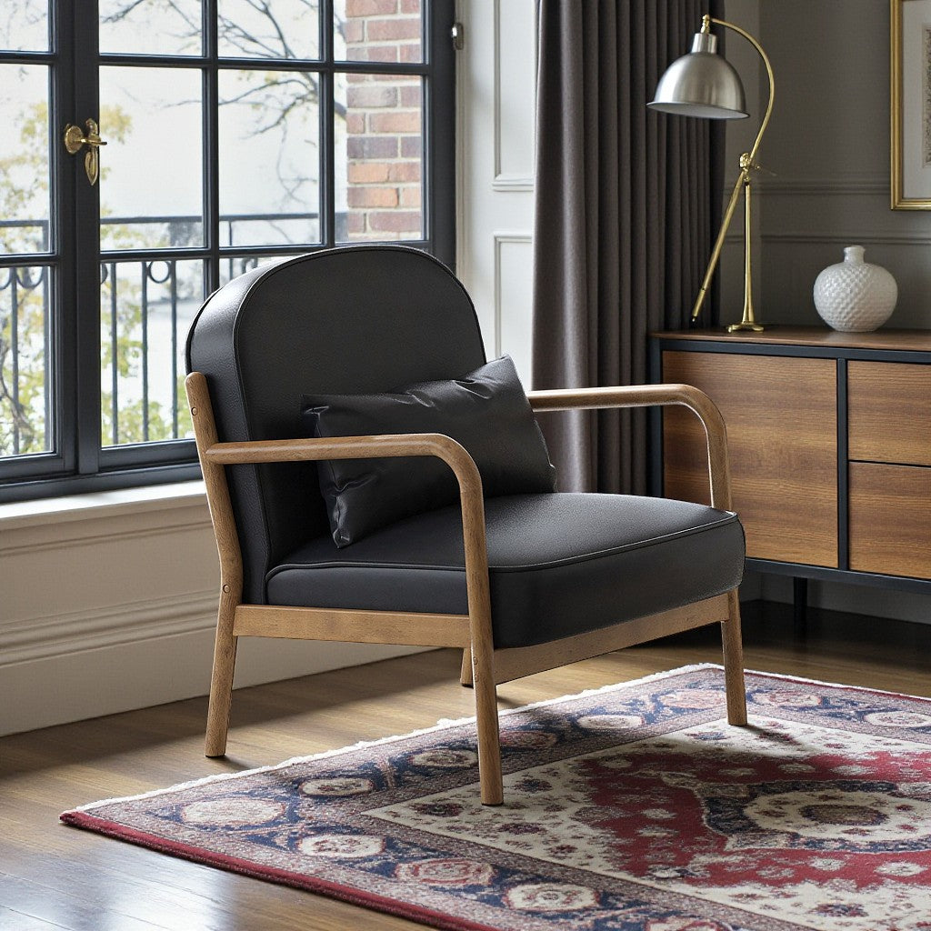 Summit Wooden Accent Chair in Leather Upholstery - Black/ Walnut | Vintage Style, Durable & Comfortable
