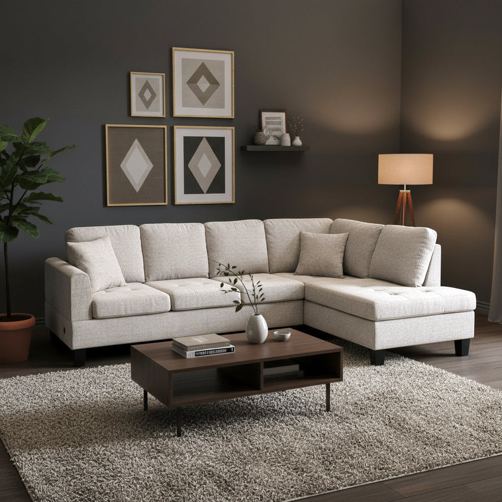 Celeste Fabric Upholstered RAF Sectional Sofa With USB Charging Ports - Almond | Stylish, Timeless, Affordable, Comfortable & Built to Last
