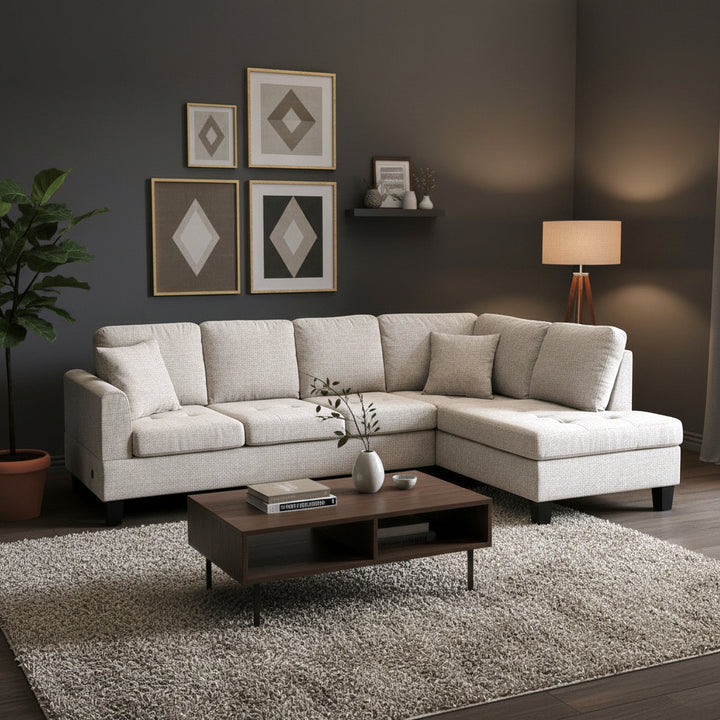 Celeste Fabric Upholstered RAF Sectional Sofa With USB Charging Ports - Almond | Stylish, Timeless, Affordable, Comfortable & Built to Last