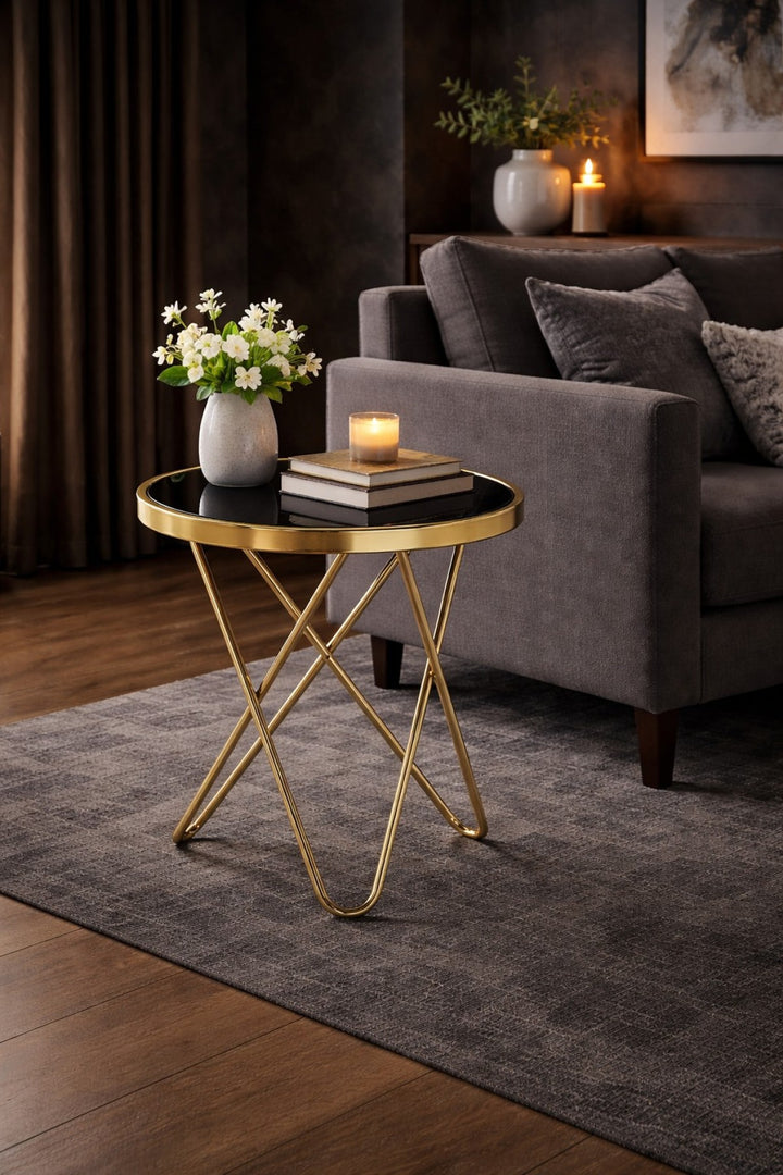 Fade Rose Gold Accent Table with Tempered Glass Top - Black/ Gold