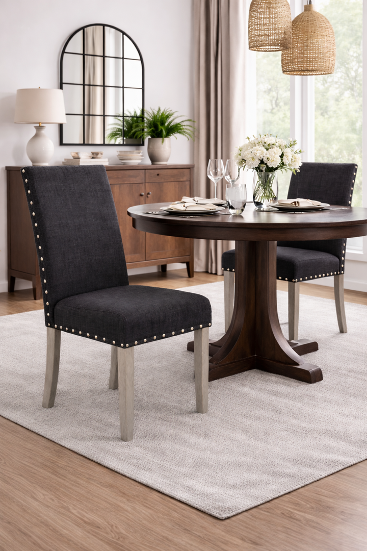 Milan Wooden Dining Chair in Fabric Upholstery (Set of 2) - Dark Grey
