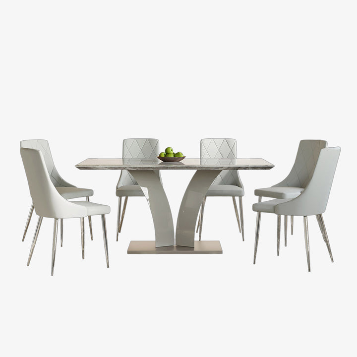Sonnet Dining Table Set For 6 With Leather Upholstered Chairs - Grey | Timeless, Sturdy, Comfortable With Reversible Table Top