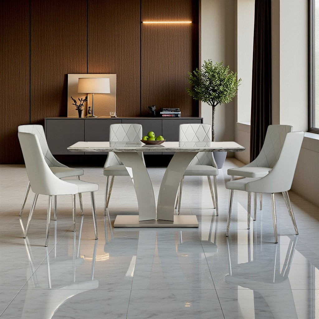 Sonnet Dining Table Set For 6 With Leather Upholstered Chairs - Grey | Timeless, Sturdy, Comfortable With Reversible Table Top