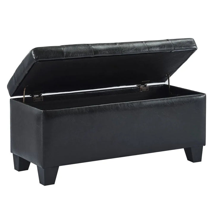 Wesley Leather Upholstered Storage Ottoman Bench - Black | Timeless, Stylish, Durable & Storage Solution