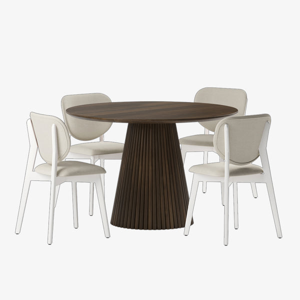 Driftwood Modern Dining Table Set For 4 With Fabric Upholstered Chairs - White Wash/ Walnut | Stylish, Durable & Comfortable