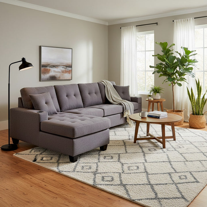 Willow Fabric Upholstered Sectional Sofa With USB & Wireless Charger - Grey | Modern, Sturdy, Comfortable & Reversible