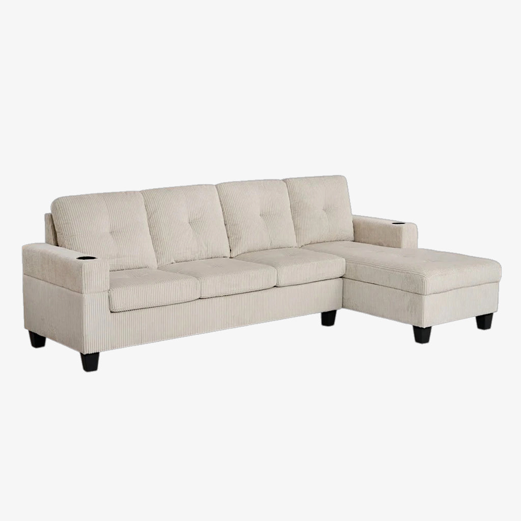 Corella Fabric Upholstered Sectional Sofa With Reversible Chaise & Cup Holders- Beige | Timeless, Sleek & Comfortable