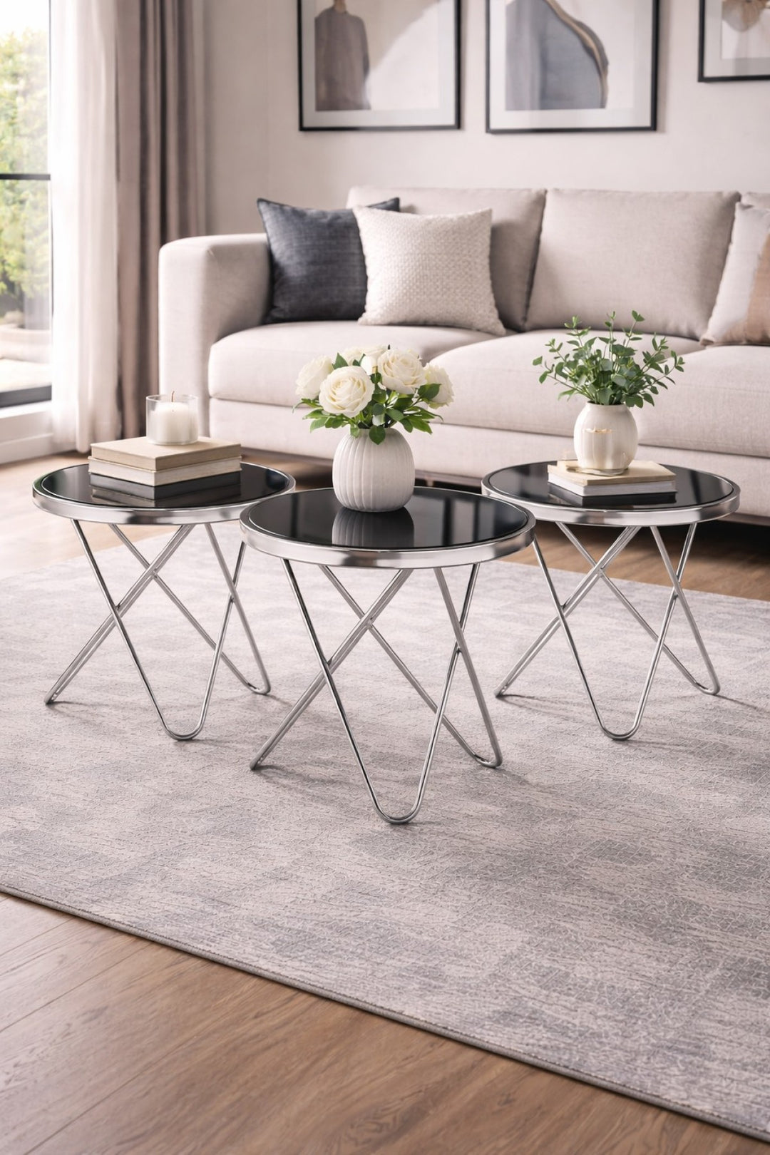 Fade Silver Accent Table with Tempered Glass Top - Black/ Silver