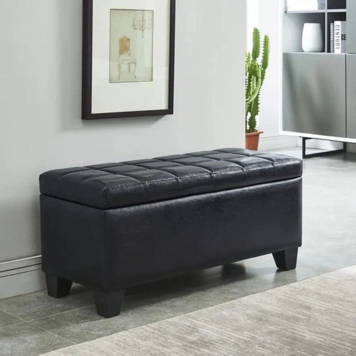Wesley Leather Upholstered Storage Ottoman Bench - Black | Timeless, Stylish, Durable & Storage Solution