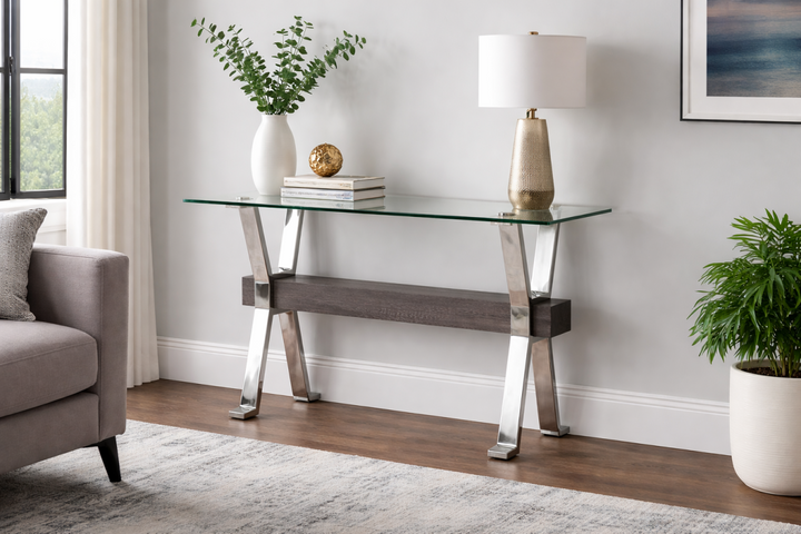 Emri Sofa Table Glass Top with Stainless Steel Base with Chrome-Finish - Grey Silver