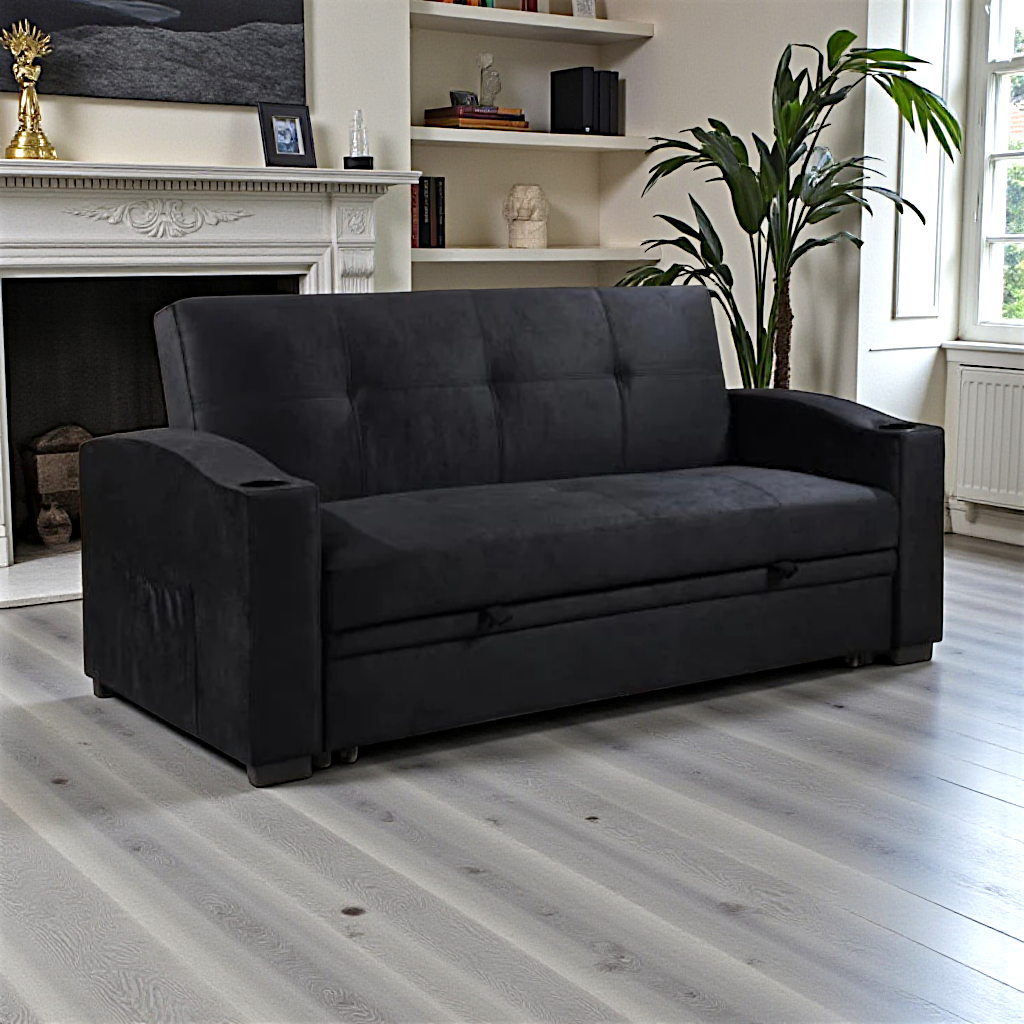 Flora Fabric Upholstered Sofa Bed With Cup Holders - Black | Timeless, Stylish, Durable & Comfortable