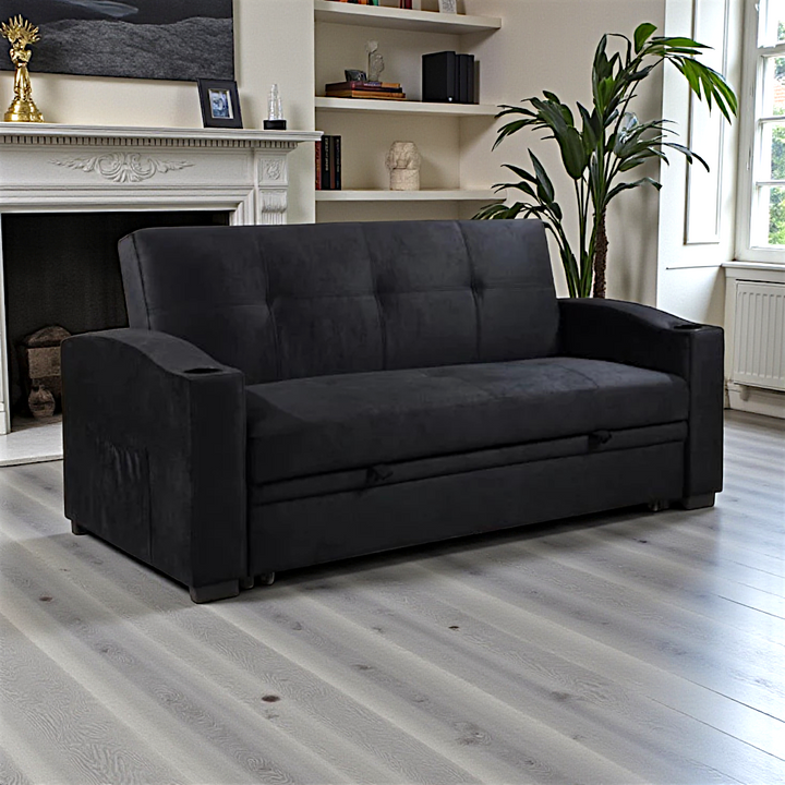 Flora Fabric Upholstered Sofa Bed With Cup Holders - Black | Timeless, Stylish, Durable & Comfortable
