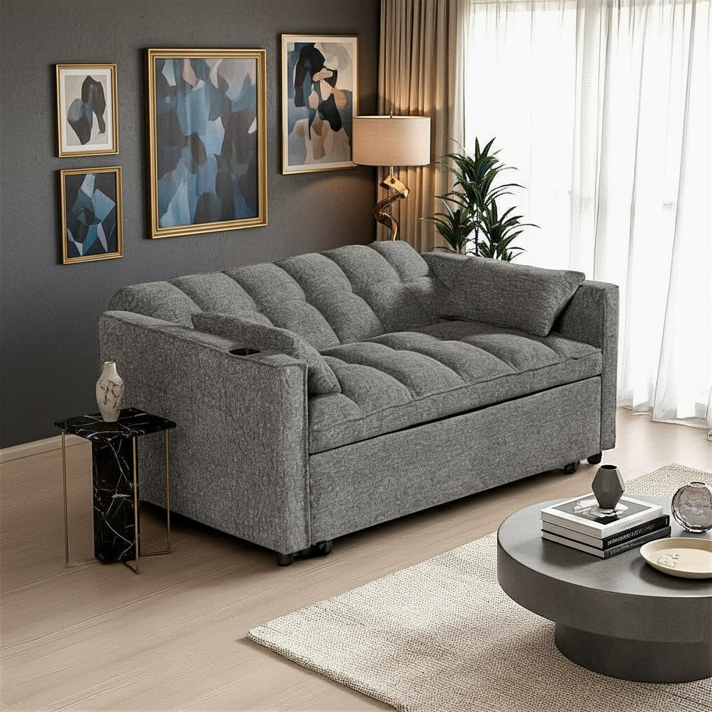 Lumina Fabric Upholstered Sofa Bed With Cup Holders - Grey | Stylish, Sturdy, Comfortable & Affordable
