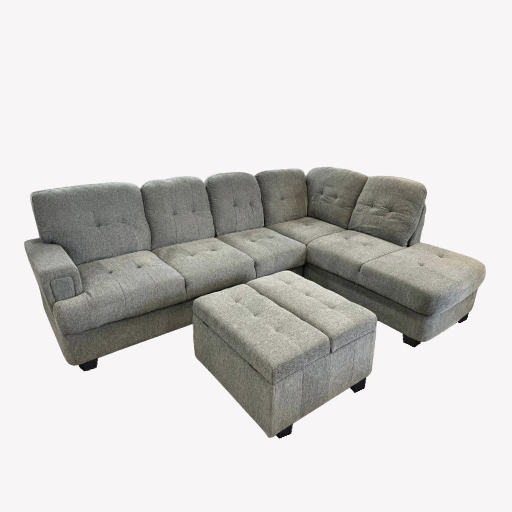 Intra Sectional Sofa With RHF Chaise & Storage Ottoman - Exquisite Grey | Modern, Sturdy & Comfortable