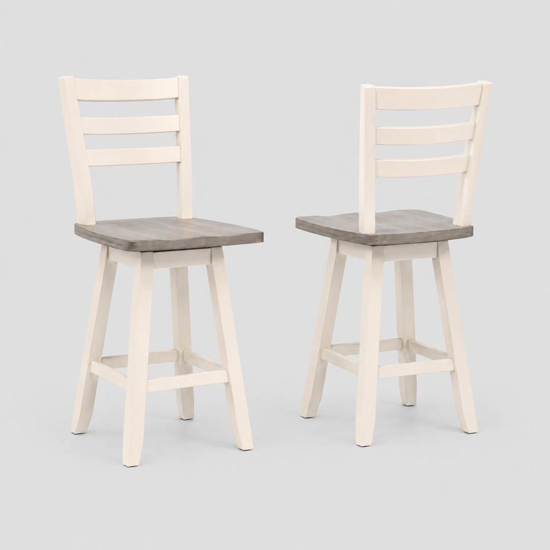 Orlenza 2-Piece Swivel Counter Stool Set – Solid Rubberwood, 180° Swivel Seat And Two-Tone Finish
