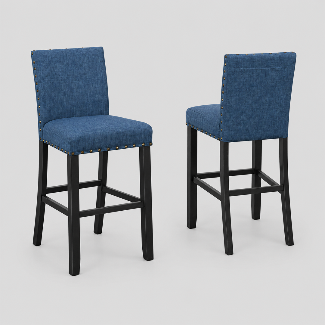 Taviano 2-Piece Upholstered Bar Stool Set – Solid Rubberwood with Nailhead Trim