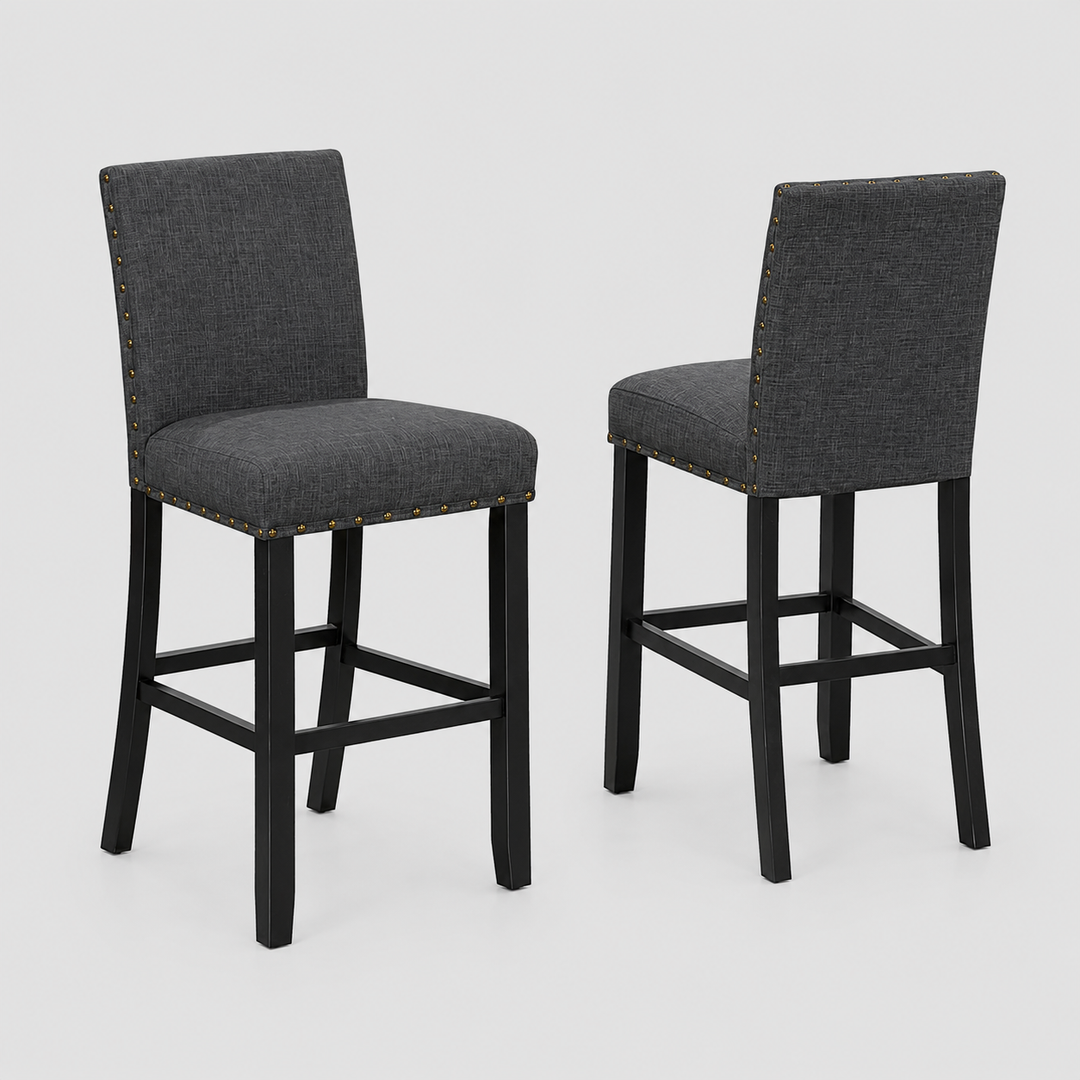 Taviano 2-Piece Upholstered Bar Stool Set – Solid Rubberwood with Nailhead Trim