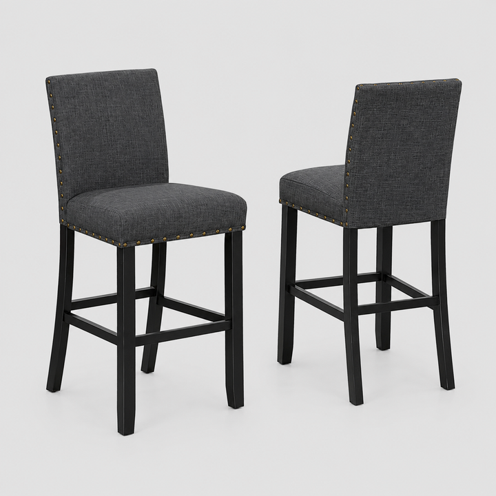 Taviano 2-Piece Upholstered Bar Stool Set – Solid Rubberwood with Nailhead Trim